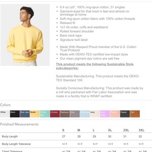 Peut inclure: Un tableau des tailles pour un sweat-shirt jaune avec le nom de la marque "COMFORT COLORS" et le texte "6.4 oz./yd&sup2;, 100% ring-spun cotton, 31 singles". Le tableau indique les mesures de la longueur du corps, de la largeur de la poitrine, de la longueur des manches et de la tol&eacute;rance pour chaque taille de S &agrave; 3XL.