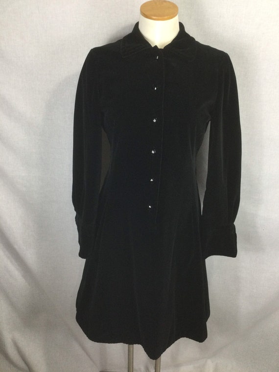 Vintage Black Velveteen Collared Button Up Dress w