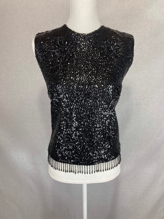 Vintage Black Sequin Beaded Sleeveless Top