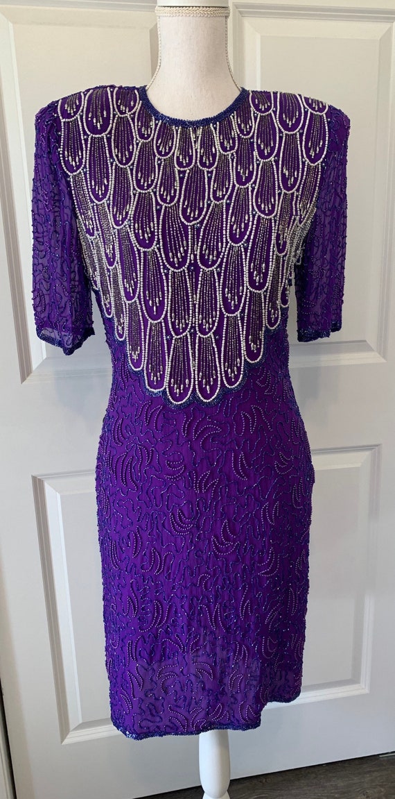 Vintage 80s Purple Beaded Dress with Tags - image 1