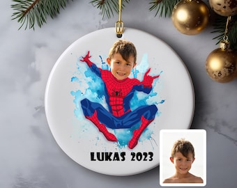 Personalized Superhero Ornament, Custom Christmas Ornament, Kids Face Ornament, Christmas Ornament For Boys, Spiderman Ornament