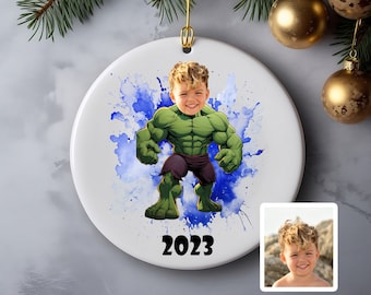 Personalized Superhero Ornament, Custom Christmas Ornament, Kids Face Ornament, Christmas Ornament For Boys, Hulk Ornament