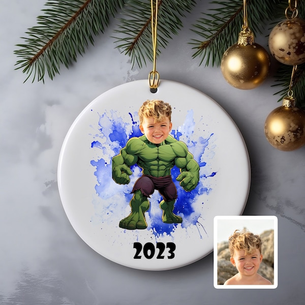 Personalized Superhero Ornament, Custom Christmas Ornament, Kids Face Ornament, Christmas Ornament For Boys, Hulk Ornament