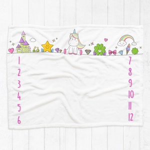Baby maandelijkse deken, baby mijlpaal deken, groei grafiek, gepersonaliseerde baby deken, meisjes mijlpaal deken, eenhoorn deken