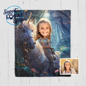 Kids Unicorn Blanket, Personalized Kids Blanket, Custom Blanket For Girls, Unicorn Gift for Girls, Girls Face Blanket