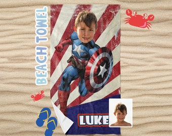 Kids Superhero Beach Towel, Personalized Kids Beach Towel, Custom Beach Towel For Boys, Capt America Beach Towel