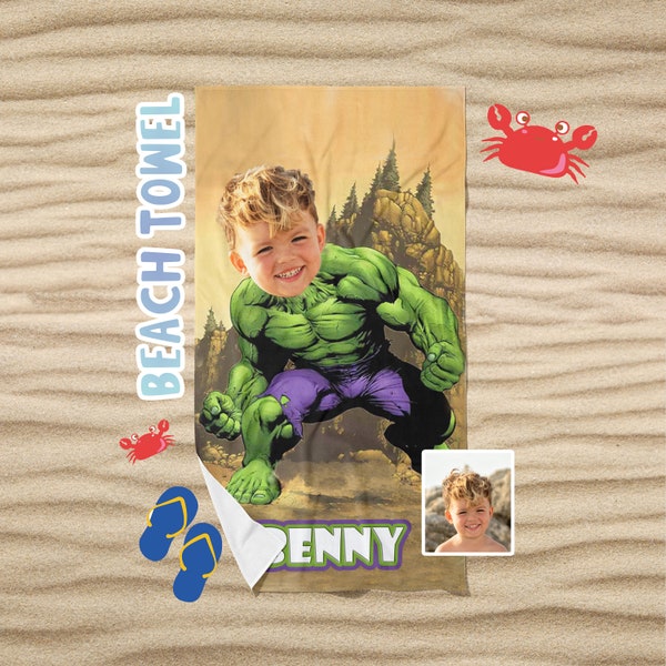 Kids Superhero Beach Towel, Personalized Kids Beach Towel, Custom Beach Towel For Boys, Hulk Beach Towel