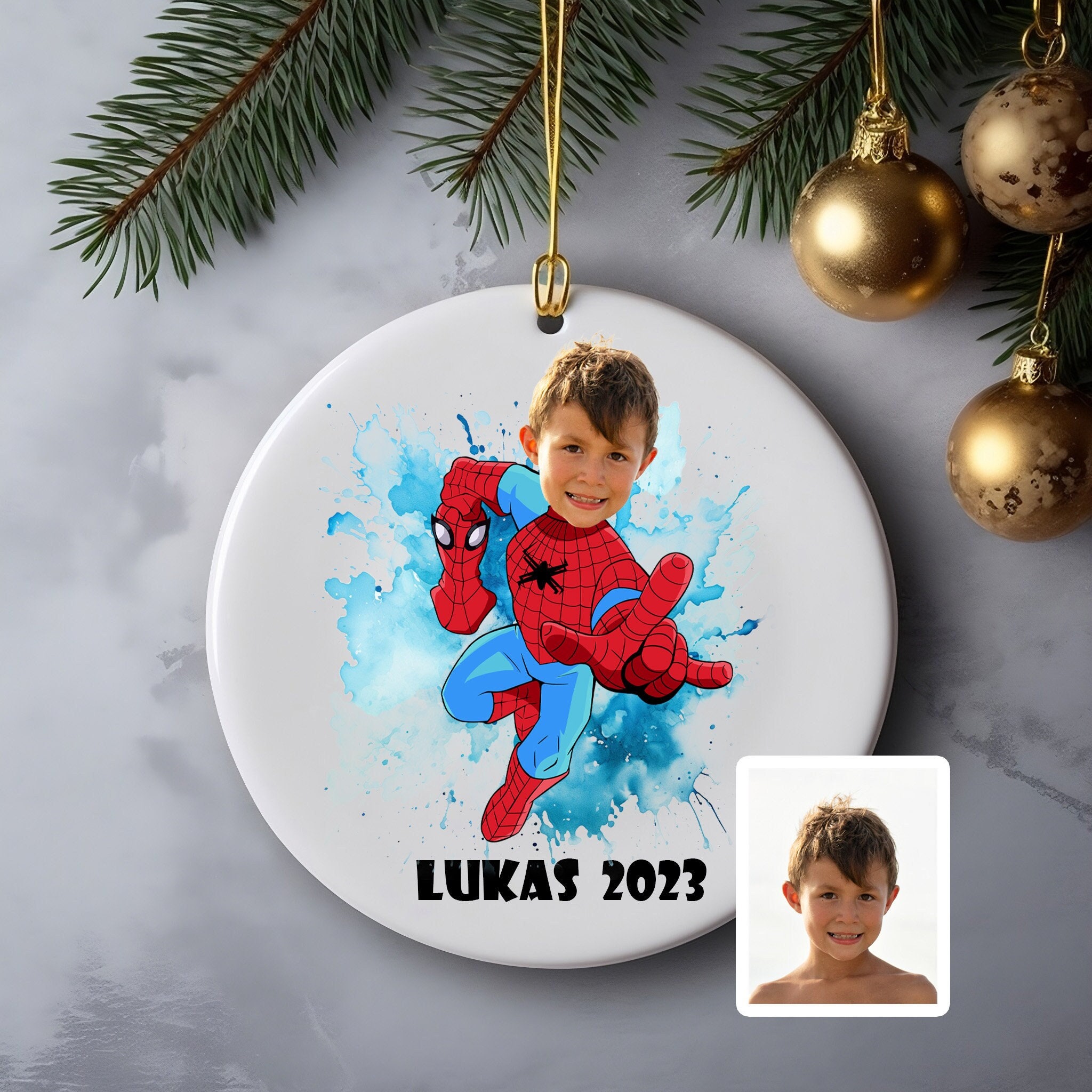 Personalized Superhero Ornament, Custom Christmas Ornament, Kids Face Ornament, Christmas Ornament For Boys, Spiderman Ornament