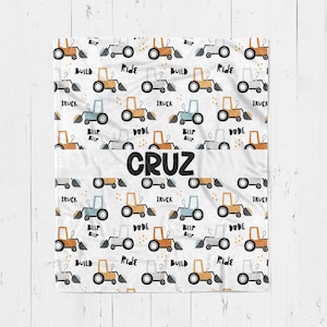 Personalized Kids Construction Trucks Blanket, Custom Blanket For Boys, Truck Blanket, Trucks Gift For Boys, Personalized Name Blanket