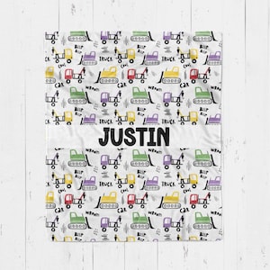 Personalized Kids Trucks Blanket, Custom Blanket For Boys, Construction Truck Blanket, Trucks Gift For Boys, Personalized Name Blanket