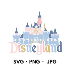 May include: A blue, pink, and gold illustration of the Disneyland castle with the text "Disneyland" below. The text "SVG. PNG. JPG" is below the word Disneyland.