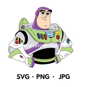 Puede incluir: Una ilustración de dibujos animados de Buzz Lightyear de la franquicia Toy Story. Lleva su traje de ranger espacial característico con un casco morado, una armadura verde y blanca y una estrella amarilla en el pecho. La ilustración está en un estilo de dibujos animados con contornos gruesos y colores brillantes.