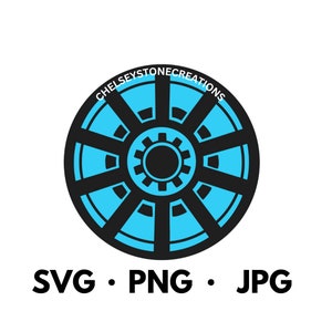 May include: Black and blue circular design with a gear in the center. The text "CHELSEYSTONECREATIONS" is written around the circle. The text "SVG. PNG. JPG" is written below the circle.