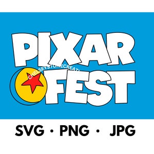 May include: A blue background with white text that reads "PIXAR FEST" in a bold, playful font. A yellow circle with a red star inside is to the left of the text.