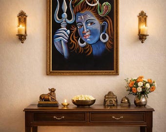 Pintura enmarcada de Lord Shiva sobre terciopelo, decoración espiritual hindú, arte para sala de meditación y yoga, regalo de pintura del dios indio Shiva.