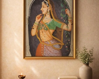 Indian Woman Acrylic Painting on Cardboard: Vintage Home Decor,  Traditional Rajasthani Portrait, Handmade Acrylic Wall Décor, Ethnic Gift