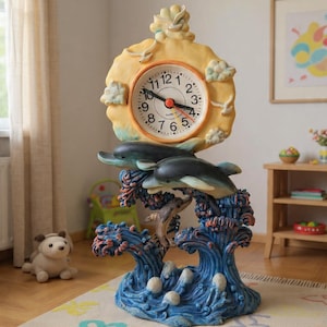 Reloj vintage de resina con forma de delfín: decoración náutica de mesa