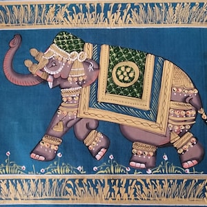 Elephant Pichwai Painting On Silk Cloth, Hand Painted Wall Art Decor, Wall Decor, Animals Wall Art Painting, Home Office Decor, Gift For Her