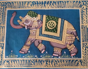 Elephant Pichwai Painting On Silk Cloth, Hand Painted Wall Art Decor, Wall Decor, Animals Wall Art Painting, Home Office Decor, Gift For Her