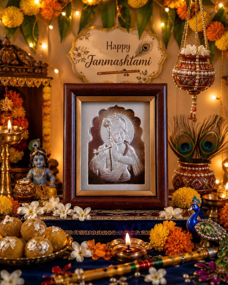 May include: A framed silver relief of a deity playing a flute, surrounded by festive decorations. The scene includes marigold flowers, candles, and a sign reading "Happy Janmashtami".