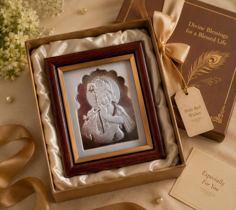 May include: A silver religious icon in a dark brown framed, presented in a gift box with a satin lining. The box is brown with a decorative ribbon and a tag that reads "With Best Wishes". The image is of a deity.
