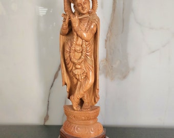 Lord Krishna Sandalwood Statue With Rosewood Base, Hindu God Sculpture, Mandir Statue, Home Decor, Office Decor, Rare Vintage Carved Statue