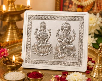 Silver Embossed Lakshmi Ganesha Acrylic Frame, Hindu Home Temple Decor, Diwali Gift, Office Desk Mandir, 2x2 Inch