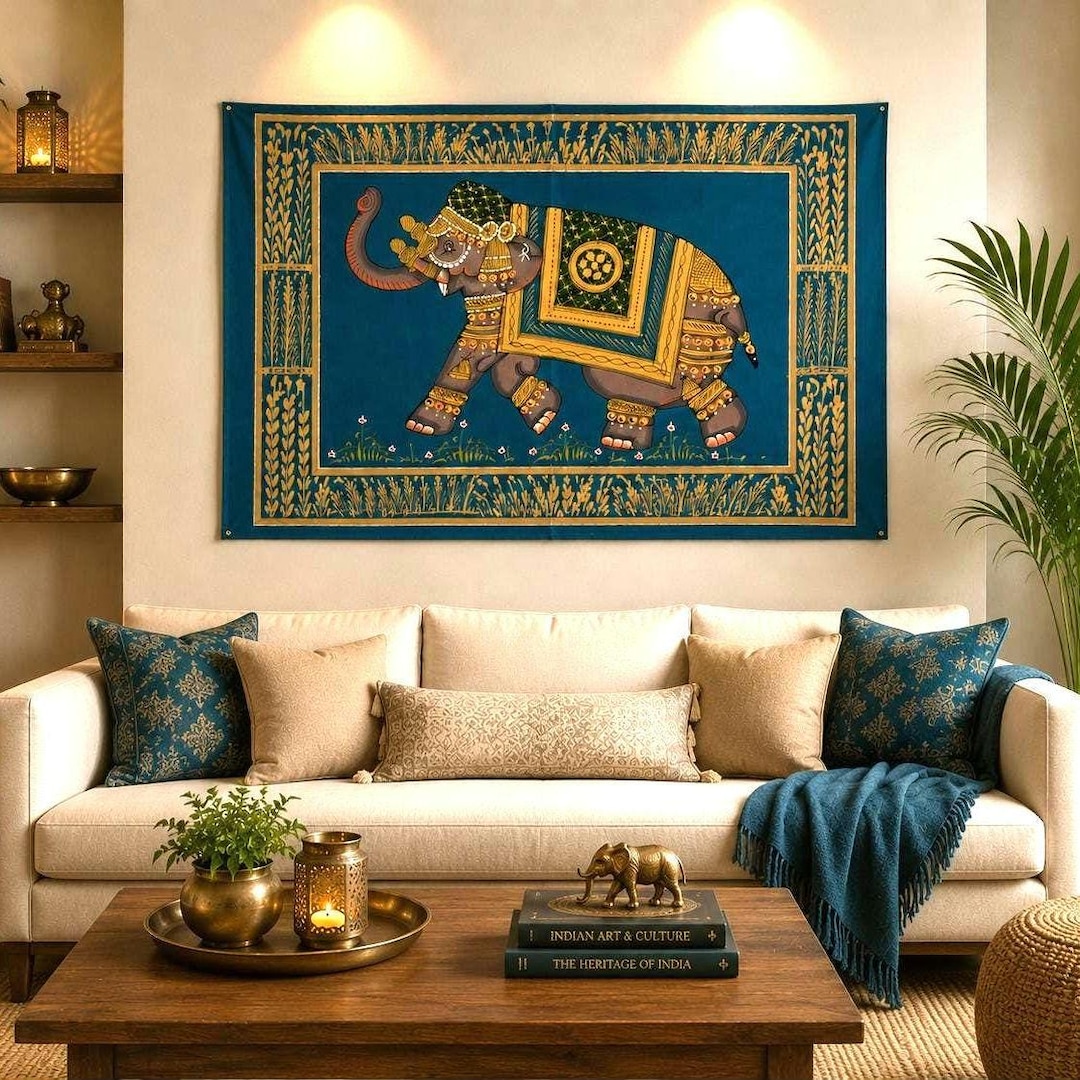 Hand Painted Elephant Pichwai Silk Painting, Teal Gold Indian Wall Art ...