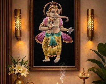Lord Ganesha Painting on Black Velvet, Hindu Wall Art, Spiritual Home Decor, Meditation Yoga Room Art, Indian Temple Decor, Ganesha Gift