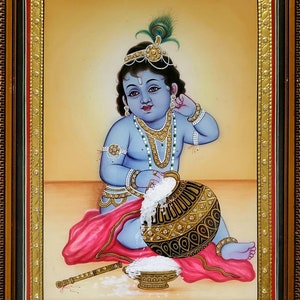 BAL KRISHNA PAINTING, Krishna Wall Art, Hand Painted Wall Art, Hindu Home Mandir Decor, Home Decor, Office Decor, Baby Shower Gift