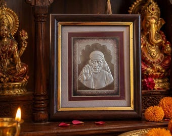 Sai Baba Embossed Silver Wooden Frame, Hindu Home Temple Decor, Spiritual Desk Art, Car Dashboard Pooja Gift, 5.5x5 Inch