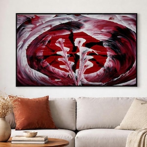 Red Black Abstract Wall Art 16"×24", String Pulling Acrylic Painting on Canvas, Unique Housewarming Gift, Wedding or Anniversary Gift