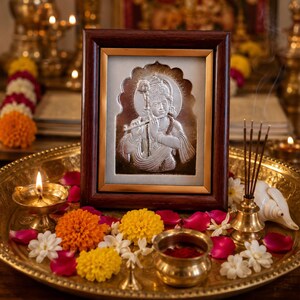 May include: A framed silver relief of a deity playing a flute, displayed on a gold-coloured tray with flowers, a lit oil lamp, and incense. The frame is dark brown. The tray is decorated with orange, yellow, and white flowers, and red rose petals.