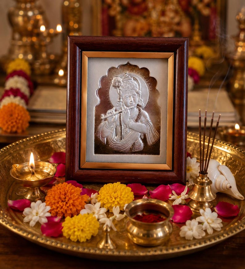 May include: A framed silver relief of a deity playing a flute, displayed on a gold-coloured tray with flowers, a lit oil lamp, and incense. The frame is dark brown. The tray is decorated with orange, yellow, and white flowers, and red rose petals.