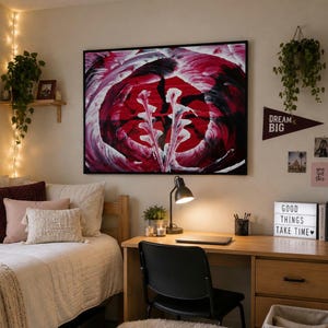 Original Abstract Acrylic Painting on Stretched Canvas 16x24, Red Black String Pull Pour Art, Modern Wall Decor, Handmade Contemporary Art