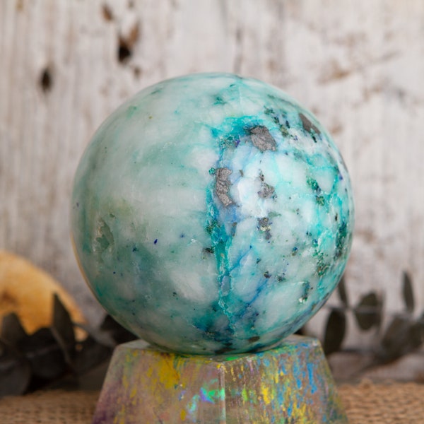 Chrysocolla in Quartz Sphere, crystal ball, 80MM