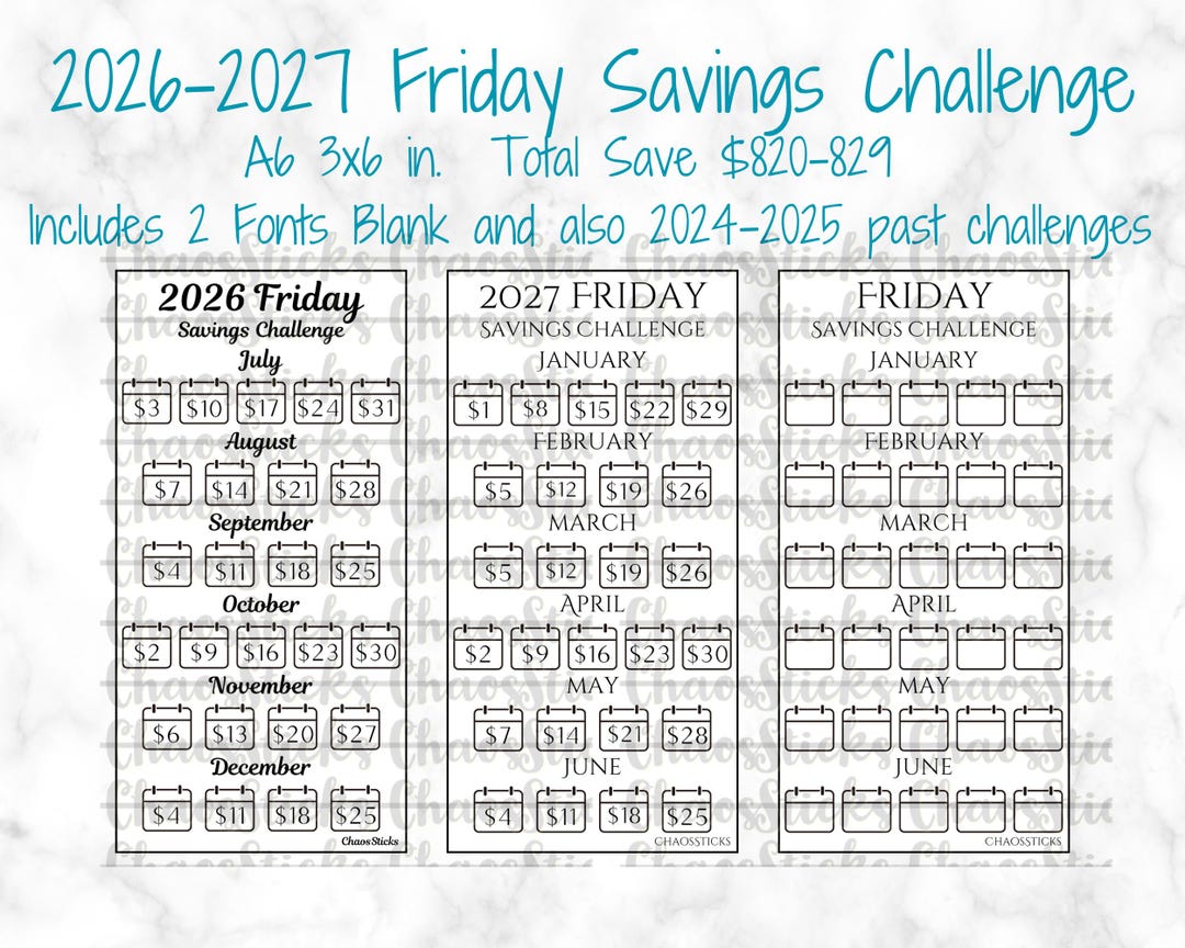 Printable Friday Savings Challenge: 2026-2027, Blank Template (digital ...