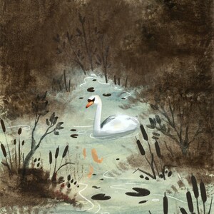 Swan on the Pond. Nursery Art, Nursery Decor, Children&#39;s Wall Art, Woodland Theme, Whimsical Art, Nursery Prints