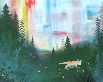 Wandering Cat Art Print, Woodland Nursery Decor