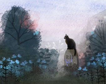 Grave Sitting Black Cat Art Print, Halloween Decor, 11x14