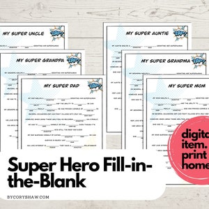 Printable Comic Superheld Alles über Fill in the Blank Geschenk zum Vatertag Geschenk zum Muttertag Lustiger Geburtstag Kinderfrage