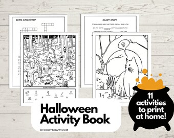 May include: A black and white printable Halloween activity book with 11 activities, including a word search, a scary story, a coloring page, and a crossword puzzle. The text "Halloween Activity Book" is in large, bold letters at the bottom of the image.