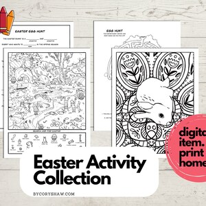 May include: A printable Easter activity collection with a black and white coloring page of a bunny rabbit, a black and white word search puzzle, and a black and white maze. The text "Easter Activity Collection" is in black text on a white background. The text "digital item. print at home!" is in white text on a red circle.