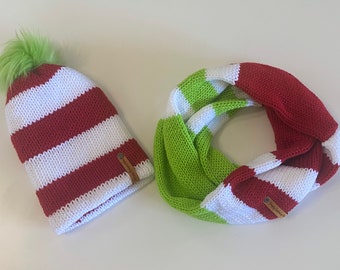 Grinch hat and scarf set/infinity scarf/dr seuss inspired accessories/knit machine beanie/handmade scarf/knit accessories/Beanie with pompom