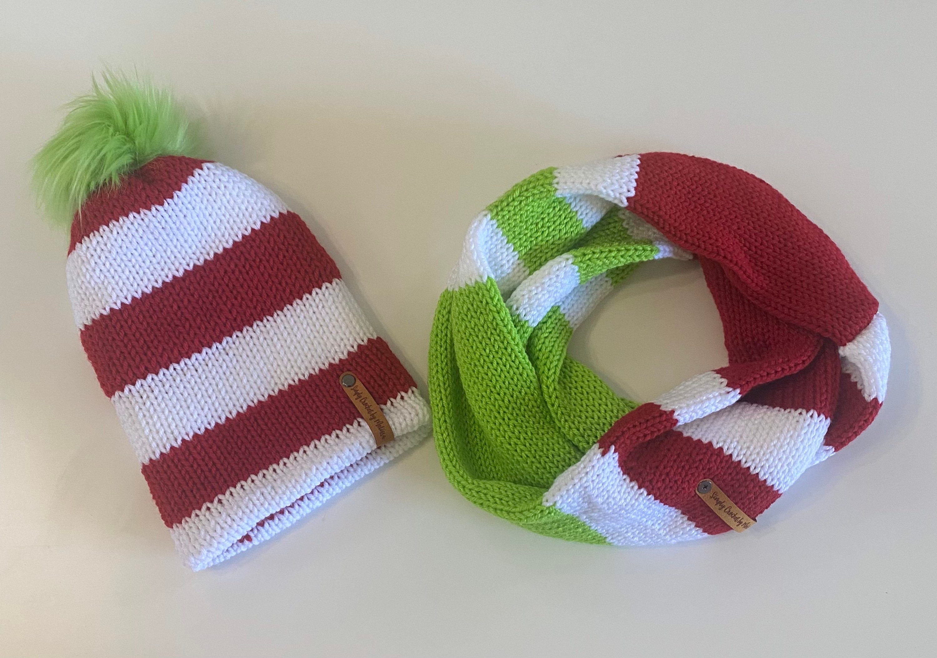 The Grinch Santa Hat Beanie & Scarf Set - Jacquard Knit Winter Set, 100% Acrylic, Officially Licensed
