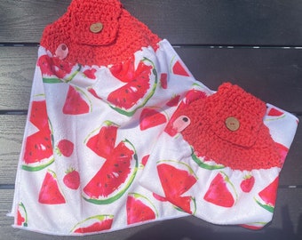 kitchen towel set/ pink hanging towels/ handmade kitchen towels/ spring decor/ summer hanging towels/ fruit decor/ watermelon/ strawberry
