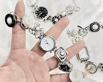 Ladies Vintage Bracelet Watch - Retro Black White Pearl Decorative Charm Wristwatch for Fashion Enthusiasts
