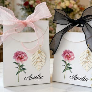 Custom Birth Flower Gift Bags, Elegant Ribbon Tie Rope Gift Bags, Bridesmaid Gift Bags with Name, Birthday Tote Bag, Bridal Shower Favor Bag