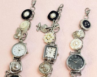 Vintage Charm Bracelet Watch - Assembled with Retro Jewelry Charms, Handcrafted Wristwatch, Ideal Gift