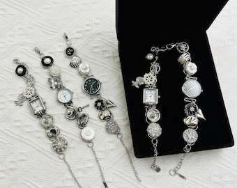 Vintage-Inspired Charm Bracelet Watch - Unique Retro Statement Piece with Assorted Vintage-Style Charms